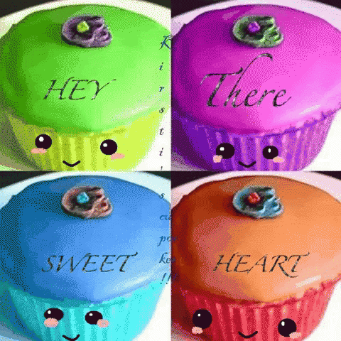 four different images of colorful cupcakes with eyes on them