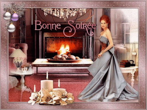 a girl in a dress next to a fireplace