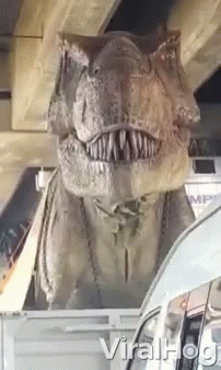 an ice - covered dinosaur in the backseat of a van