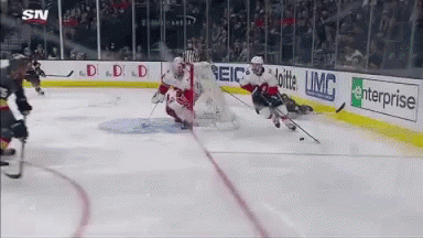 a hockey game with the pucker trying to block the s