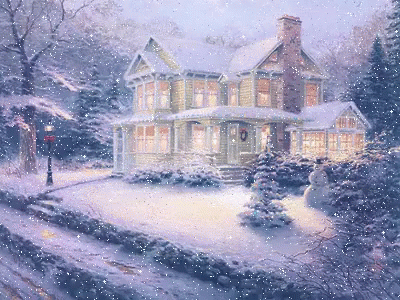 a painting of a house on a snowy winter day