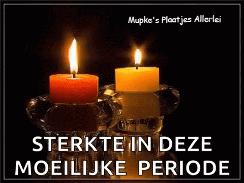 a black and white poster with two blue candles