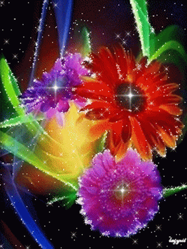 a computer art work depicting three flowers with some sparkles