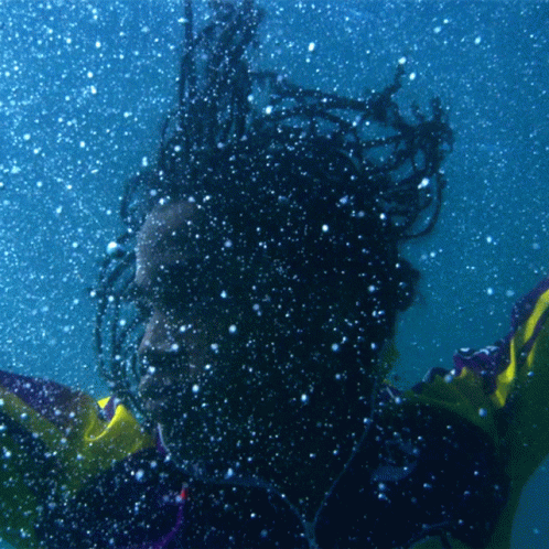 underwater picture of a person with a blue shirt on