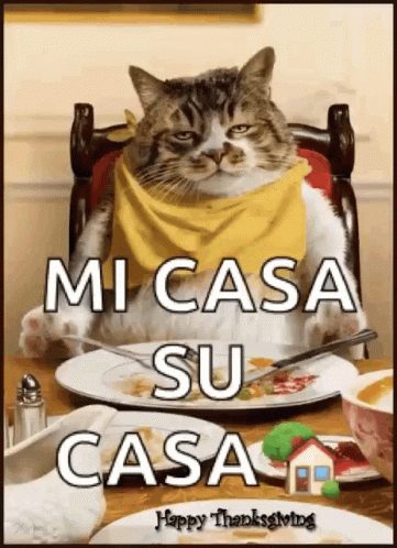 a picture with a cat in it saying mi casa su casa