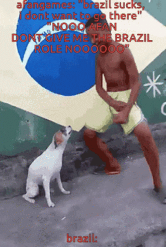 a man in his underwear and a white dog stand next to him