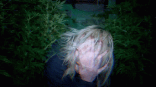 a blurry image shows the head of a person with blonde hair and in front of green bushes