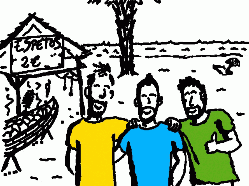 three men standing in front of a fire place