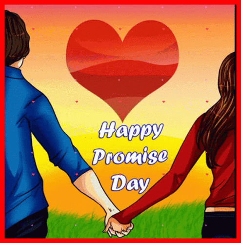 two people holding hands with the words happy promise day in blue