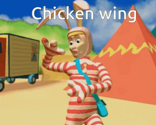 the chicken is wearing blue and white stripes