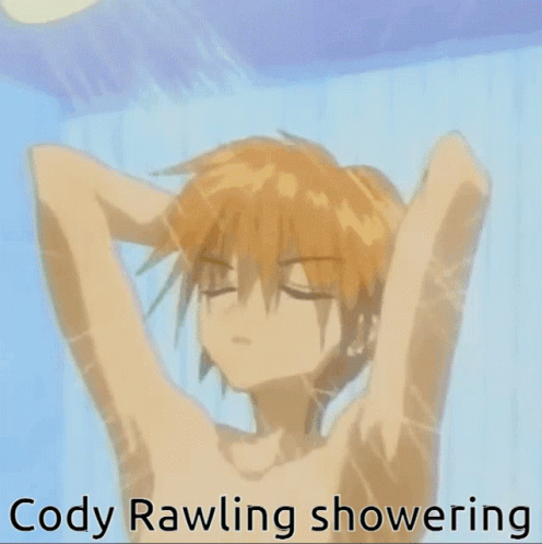a blue haired person with his hands in his hair and the caption says, gody rawing showering