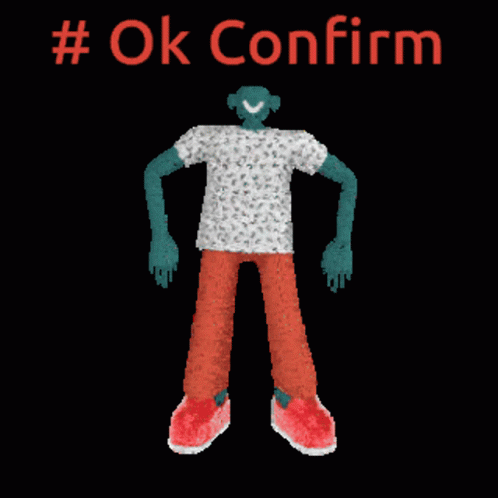 a purple monster standing up with the words'ok confirm'written in white above it