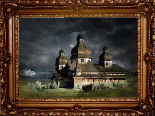 a painting of an elaborate building with dark clouds behind it