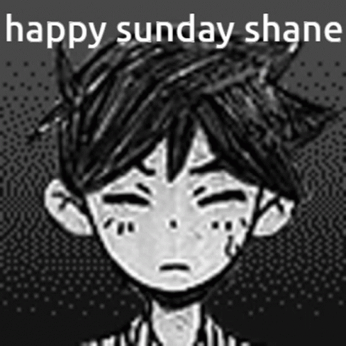 an illustrated image of a boy with black hair on top of his head, has the words happy sunday shane in the bottom right corner