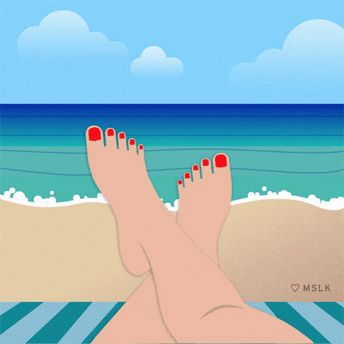 a cartoon showing a person's feet with nails and nail polishes on them