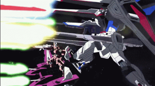 anime characters standing in front of an alien war machine