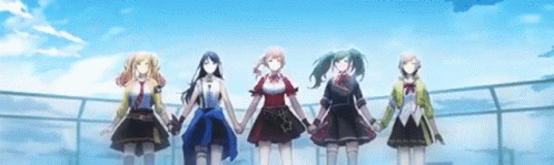 four anime women standing behind a fence
