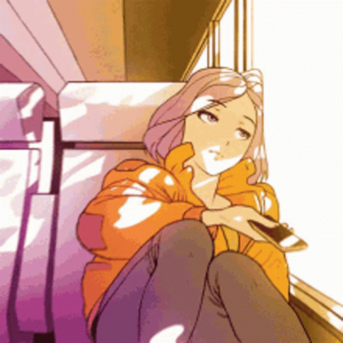an anime picture of a person sitting on the train