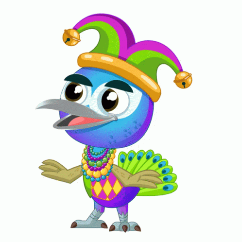 a colorful bird with a clown hat on its head