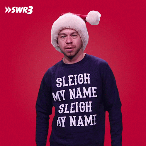 a man wearing a red sweater with the words sleigh my name and sleigh my name on it