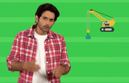 an animated man with an image of a construction crane