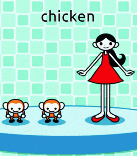 a girl with her arms outstretched stands at a podium with two small dolls on it, in front of an inscription that reads let's chickens