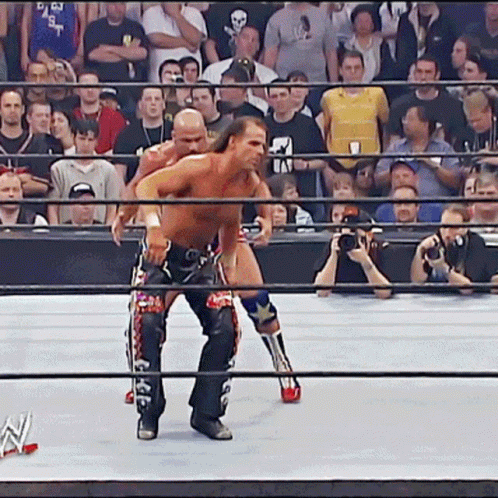 a wrestler and a man stand together in the ring