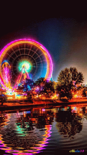 a ferris wheel lit up over water at night