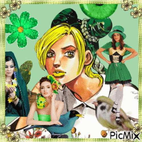 digital collage featuring young women in a floral print