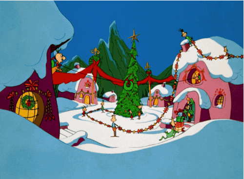a cartoon christmas scene with a house and a tree