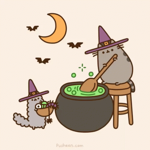 the image shows a cartoon of a witch cooking a pot