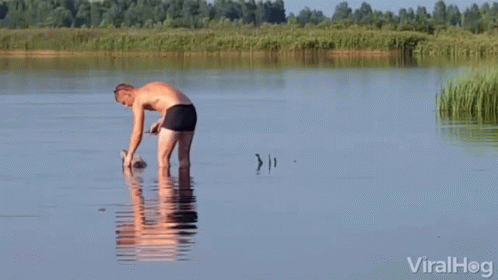 a man stands in shallow water looking at fish
