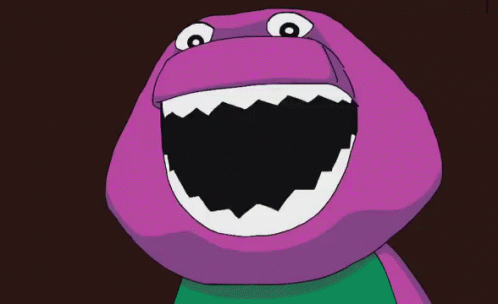 a purple monster with teeth standing on a black surface