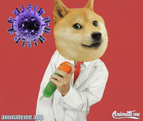 a dog in a lab coat holding a blue bottle and some pink flowers