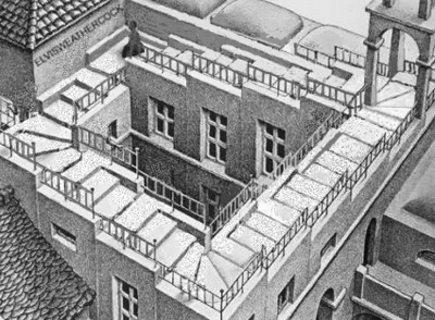 a drawing of a building with rooftops and some windows