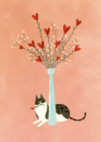 a black and white cat on its hind legs standing next to a vase with blue flowers and hearts on it