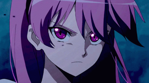a pink haired woman with purple eyes and a long purple hair looks back