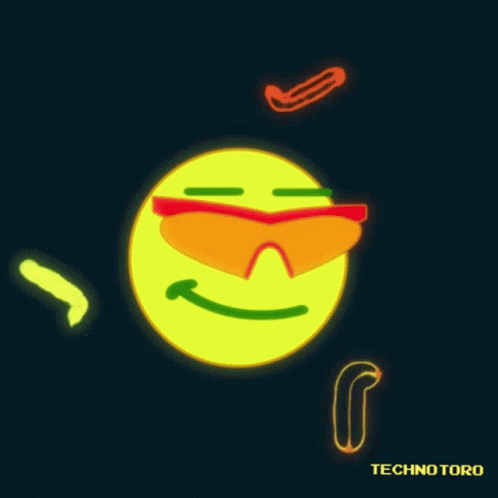 a neon green smiley face has sun glasses on