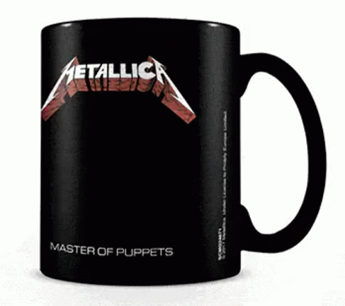 metallic mug in a black background with the words master of puppets on it