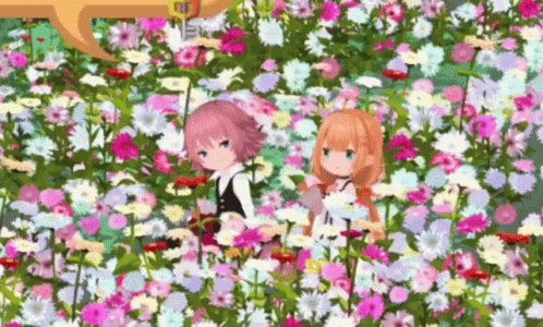 two characters in a flower field one is playing games
