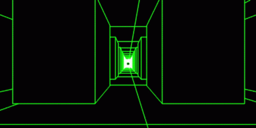 a green neon image inside of a black and white hallway