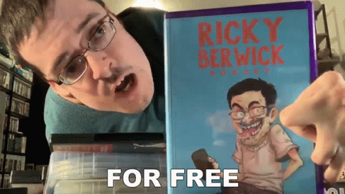 a guy with glasses is in front of books that have a cartoon image of rick berwick on them