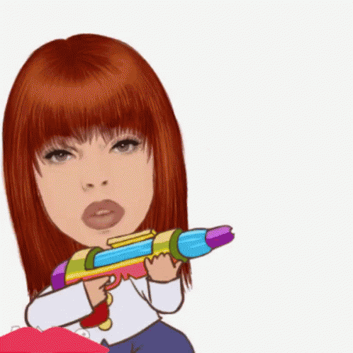 an animated woman with dark blue hair holding a gun