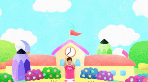 an animated image of a woman standing with a small building