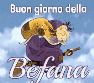 a card has a drawing of a troll that says bonn giorno dellla beffana veronta
