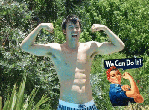 a shirtless man in a grass skirt and a we can do it sign with a cartoon avatar