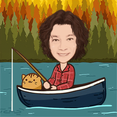 an illustration of someone in a canoe with a cat