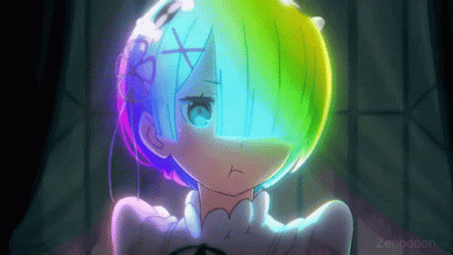 a anime image with colors on her head and a girl in the back