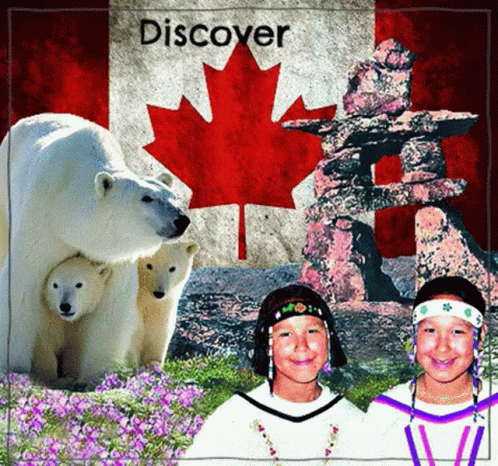 two women, a polar bear and the canadian flag