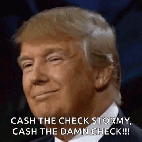 a cartoon picture with the message cash the check stormy, cash the damn check